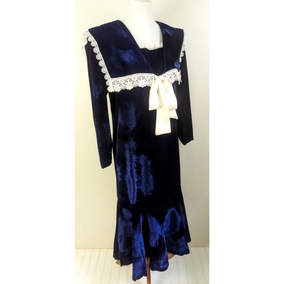 Vtg Gunne Sax Blue Velvet Dress Drop Waist Sailor Collar Lace Edwardian 4 6 USA - Picture 3 of 12